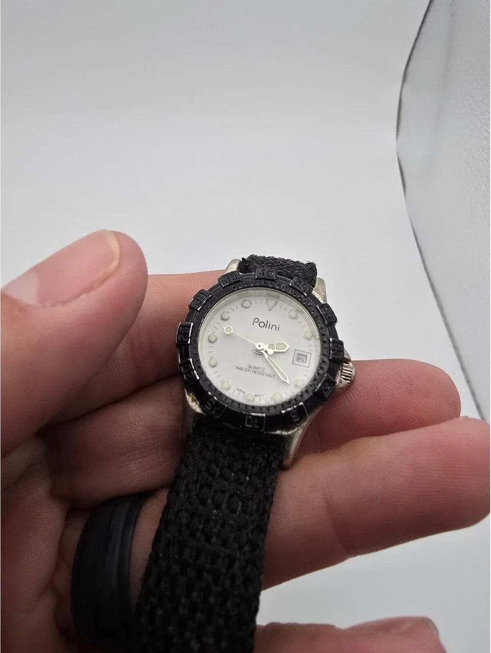 Polini Quartz Analog Watch Water-Resistant Date White Dial Black Fabric Strap